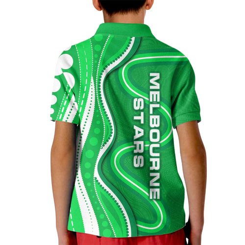 Melbourne Stars Kid Polo Shirt Aboriginal Dot Art Green White - Tribal Wave Pattern
