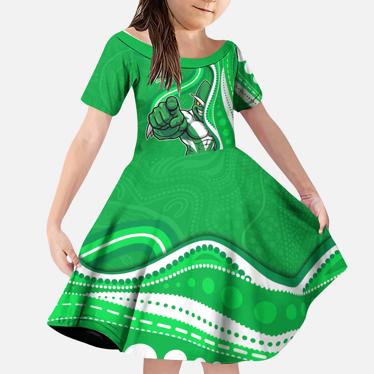 Melbourne Stars Kid Short Sleeve Dress Aboriginal Dot Art Green White - Tribal Wave Pattern