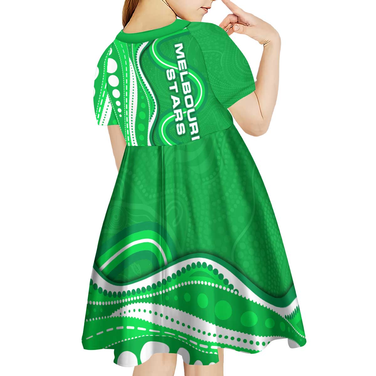 Melbourne Stars Kid Short Sleeve Dress Aboriginal Dot Art Green White - Tribal Wave Pattern