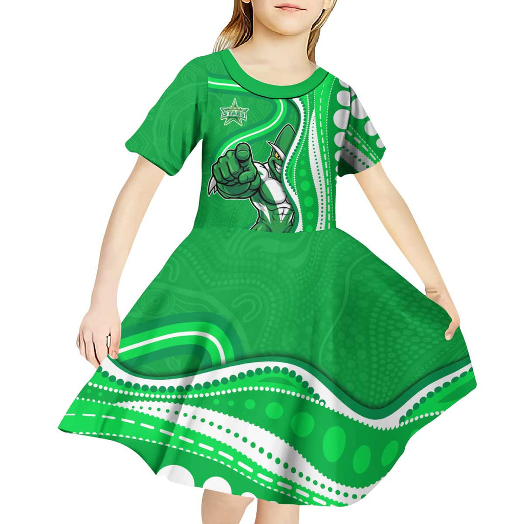 Melbourne Stars Kid Short Sleeve Dress Aboriginal Dot Art Green White - Tribal Wave Pattern