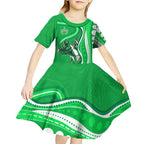 Melbourne Stars Kid Short Sleeve Dress Aboriginal Dot Art Green White - Tribal Wave Pattern