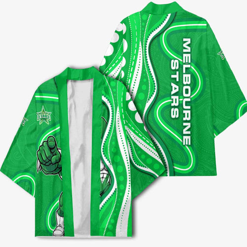 Melbourne Stars Kimono Aboriginal Dot Art Green White - Tribal Wave Pattern