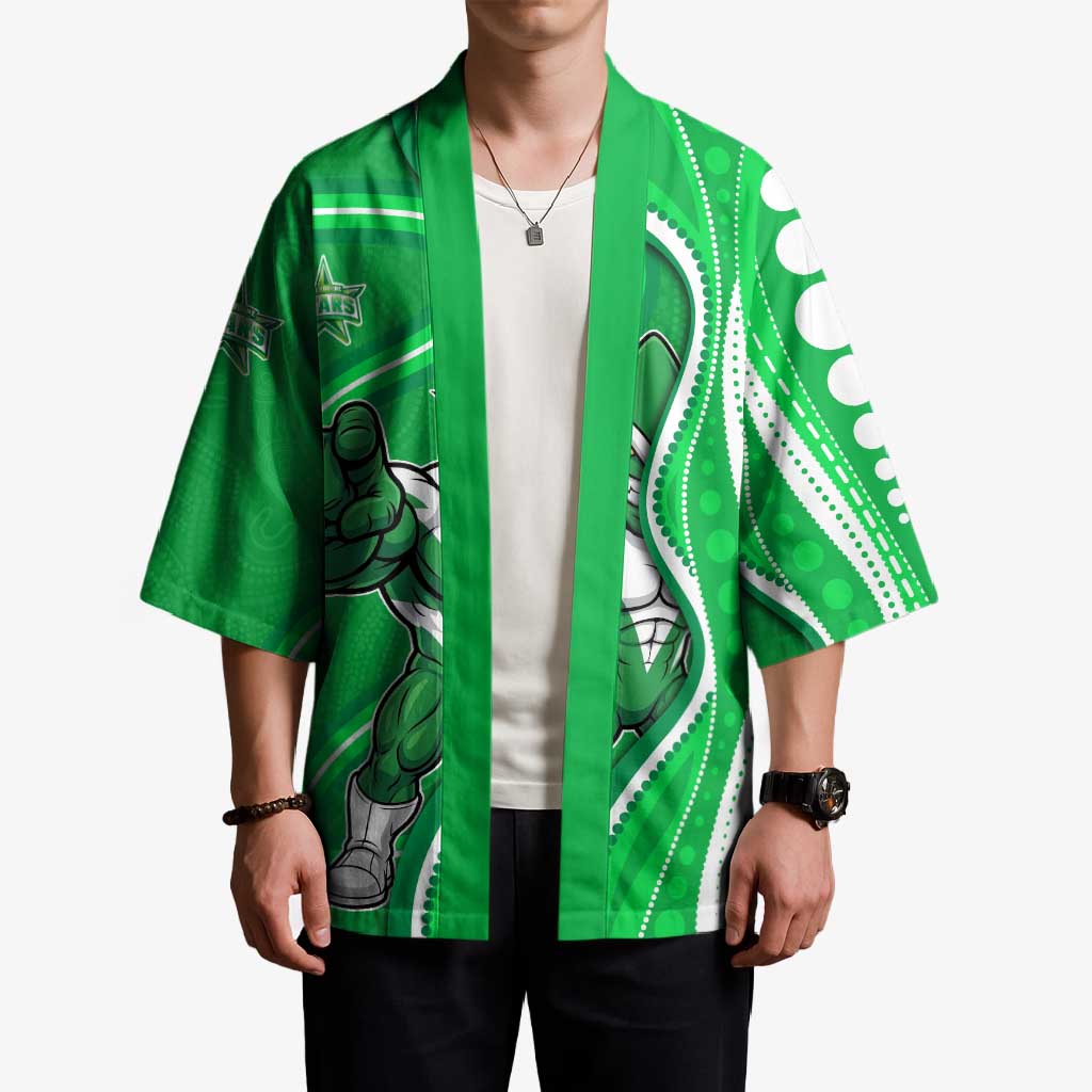 Melbourne Stars Kimono Aboriginal Dot Art Green White - Tribal Wave Pattern