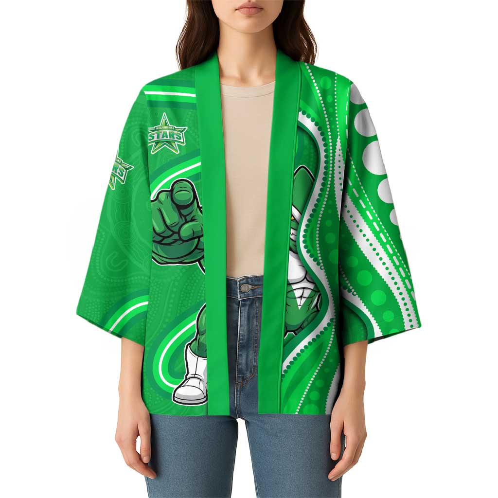 Melbourne Stars Kimono Aboriginal Dot Art Green White - Tribal Wave Pattern