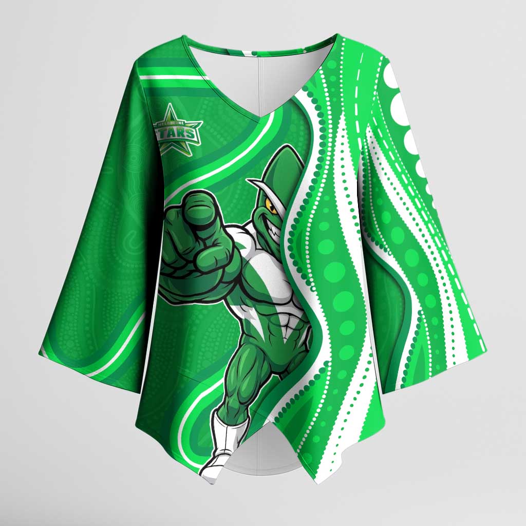 Melbourne Stars Kimono Sleeve Blouse Aboriginal Dot Art Green White - Tribal Wave Pattern