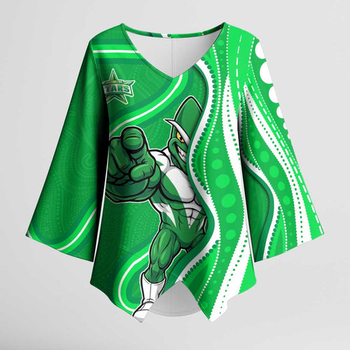 Melbourne Stars Kimono Sleeve Blouse Aboriginal Dot Art Green White - Tribal Wave Pattern