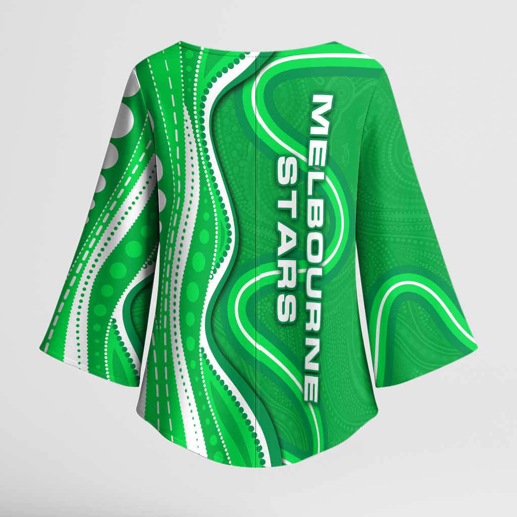 Melbourne Stars Kimono Sleeve Blouse Aboriginal Dot Art Green White - Tribal Wave Pattern