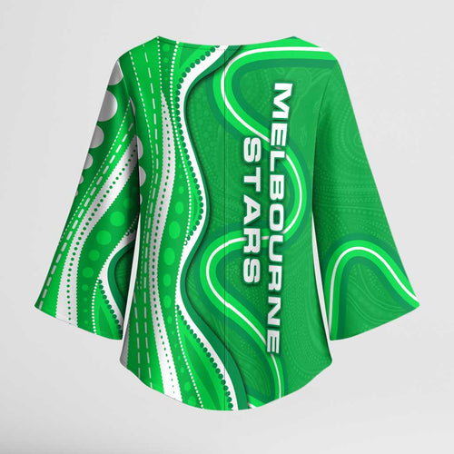 Melbourne Stars Kimono Sleeve Blouse Aboriginal Dot Art Green White - Tribal Wave Pattern