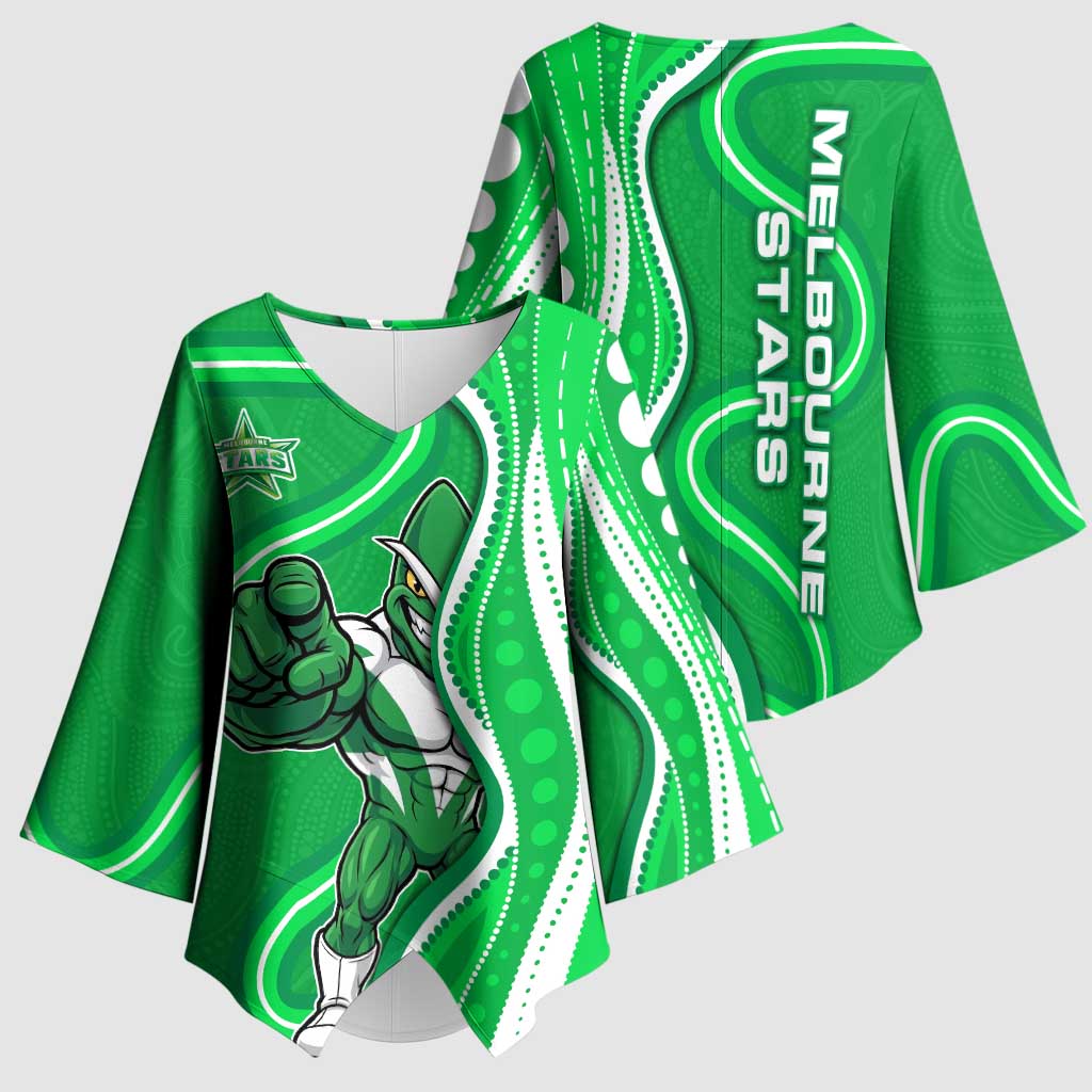 Melbourne Stars Kimono Sleeve Blouse Aboriginal Dot Art Green White - Tribal Wave Pattern