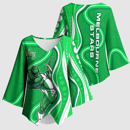 Melbourne Stars Kimono Sleeve Blouse Aboriginal Dot Art Green White - Tribal Wave Pattern
