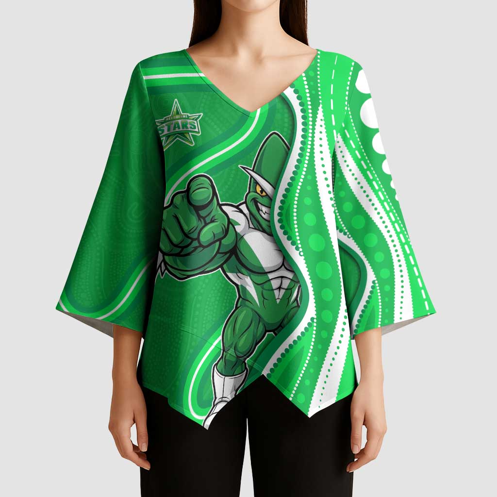 Melbourne Stars Kimono Sleeve Blouse Aboriginal Dot Art Green White - Tribal Wave Pattern