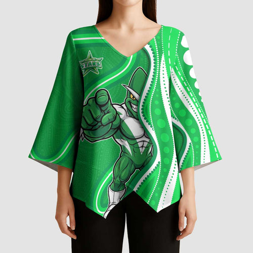 Melbourne Stars Kimono Sleeve Blouse Aboriginal Dot Art Green White - Tribal Wave Pattern