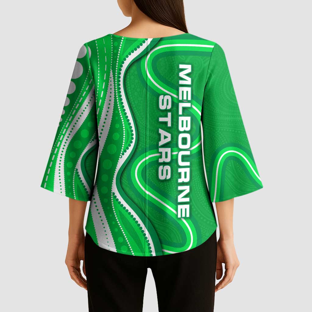 Melbourne Stars Kimono Sleeve Blouse Aboriginal Dot Art Green White - Tribal Wave Pattern