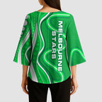 Melbourne Stars Kimono Sleeve Blouse Aboriginal Dot Art Green White - Tribal Wave Pattern