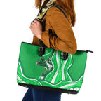 Melbourne Stars Leather Tote Bag Aboriginal Dot Art Green White - Tribal Wave Pattern