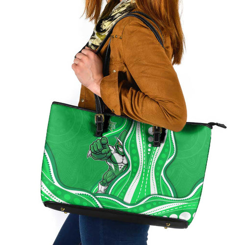 Melbourne Stars Leather Tote Bag Aboriginal Dot Art Green White - Tribal Wave Pattern