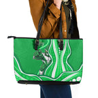 Melbourne Stars Leather Tote Bag Aboriginal Dot Art Green White - Tribal Wave Pattern