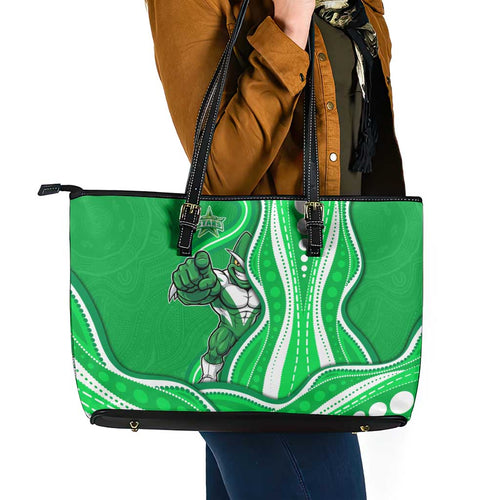 Melbourne Stars Leather Tote Bag Aboriginal Dot Art Green White - Tribal Wave Pattern