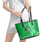 Melbourne Stars Leather Tote Bag Aboriginal Dot Art Green White - Tribal Wave Pattern