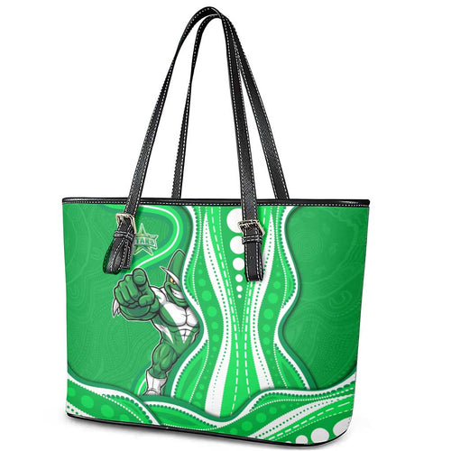 Melbourne Stars Leather Tote Bag Aboriginal Dot Art Green White - Tribal Wave Pattern
