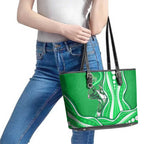 Melbourne Stars Leather Tote Bag Aboriginal Dot Art Green White - Tribal Wave Pattern