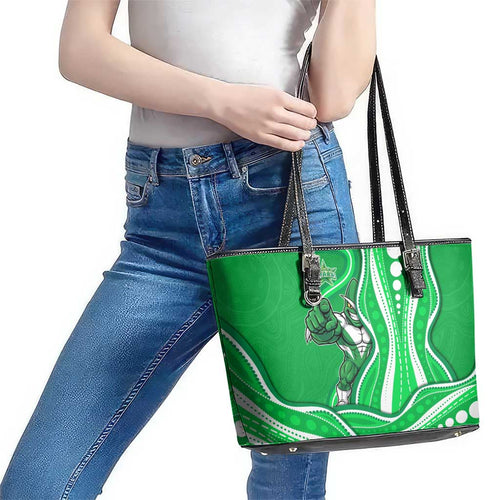 Melbourne Stars Leather Tote Bag Aboriginal Dot Art Green White - Tribal Wave Pattern