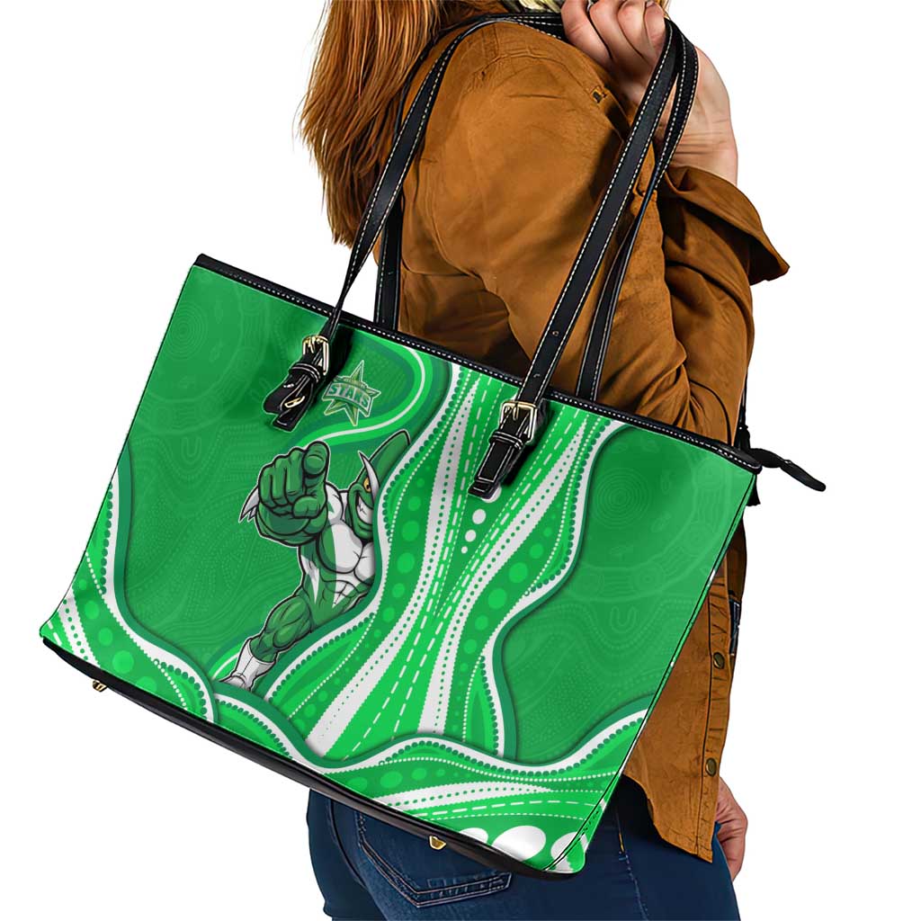 Melbourne Stars Leather Tote Bag Aboriginal Dot Art Green White - Tribal Wave Pattern