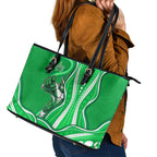 Melbourne Stars Leather Tote Bag Aboriginal Dot Art Green White - Tribal Wave Pattern