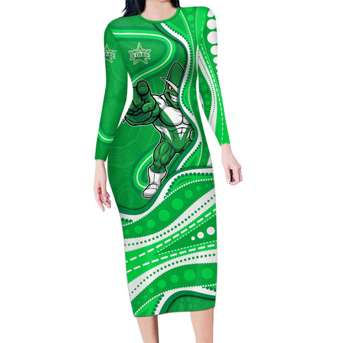 Melbourne Stars Long Sleeve Bodycon Dress Aboriginal Dot Art Green White - Tribal Wave Pattern
