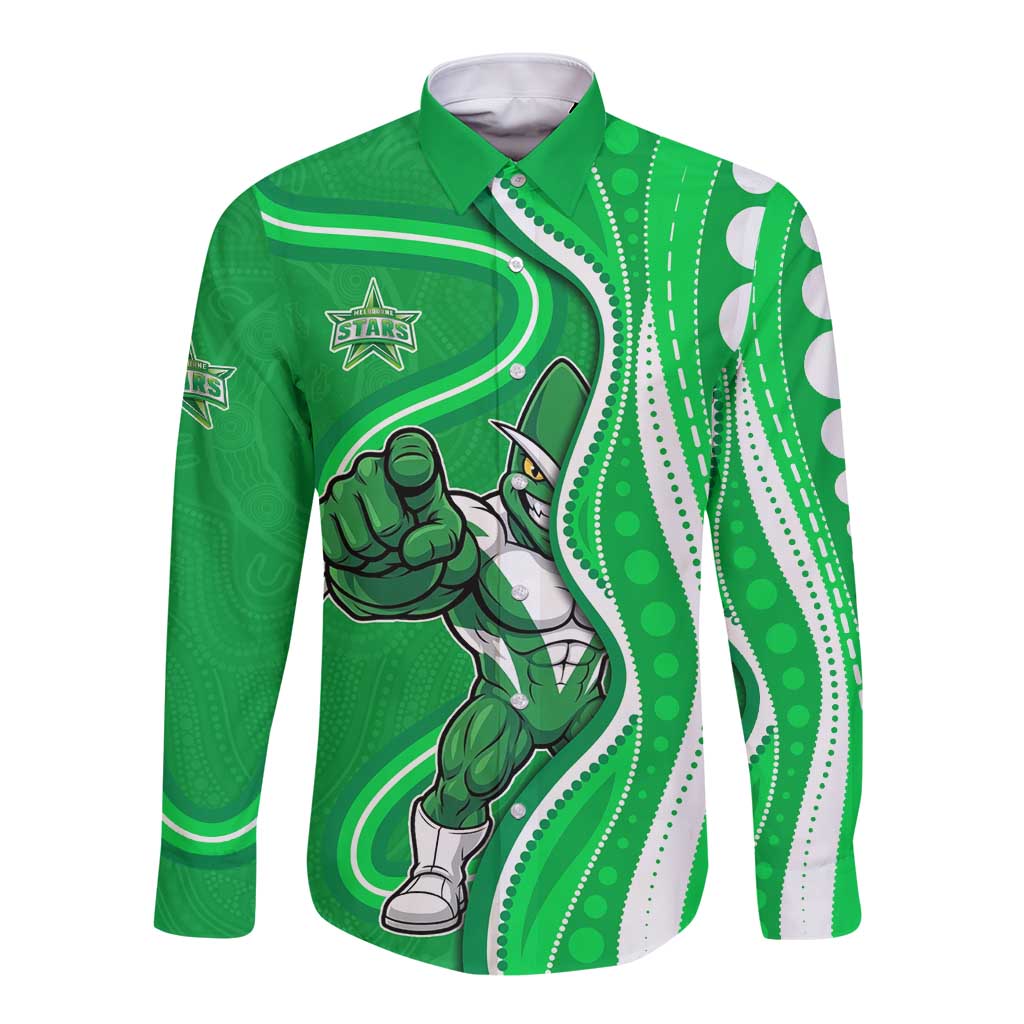 Melbourne Stars Long Sleeve Button Shirt Aboriginal Dot Art Green White - Tribal Wave Pattern