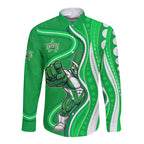 Melbourne Stars Long Sleeve Button Shirt Aboriginal Dot Art Green White - Tribal Wave Pattern