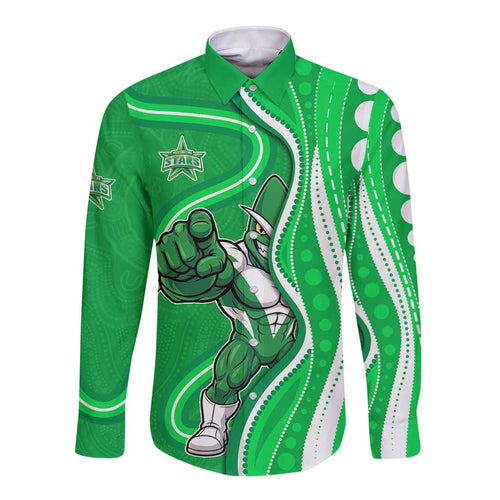 Melbourne Stars Long Sleeve Button Shirt Aboriginal Dot Art Green White - Tribal Wave Pattern