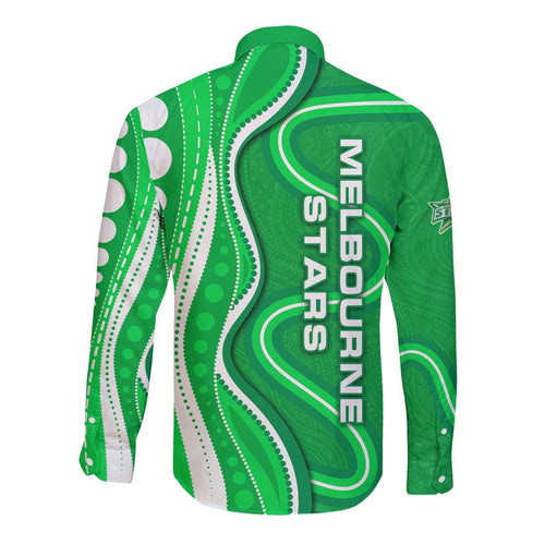 Melbourne Stars Long Sleeve Button Shirt Aboriginal Dot Art Green White - Tribal Wave Pattern