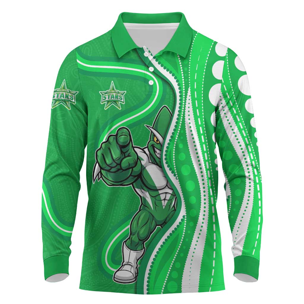 Melbourne Stars Long Sleeve Polo Shirt Aboriginal Dot Art Green White - Tribal Wave Pattern