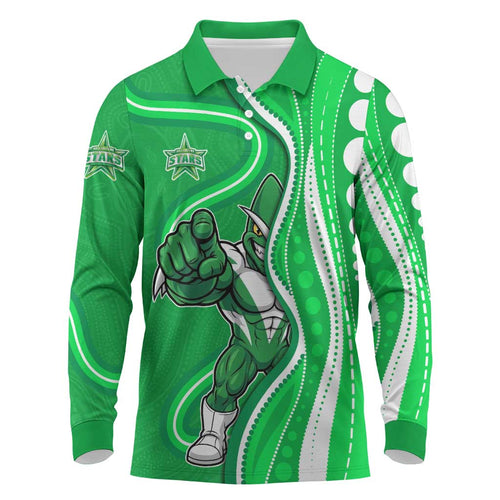 Melbourne Stars Long Sleeve Polo Shirt Aboriginal Dot Art Green White - Tribal Wave Pattern