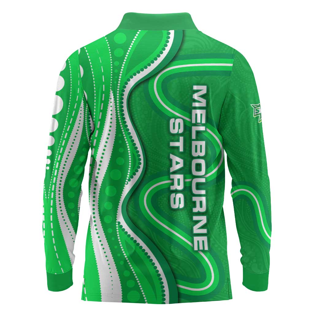 Melbourne Stars Long Sleeve Polo Shirt Aboriginal Dot Art Green White - Tribal Wave Pattern