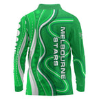 Melbourne Stars Long Sleeve Polo Shirt Aboriginal Dot Art Green White - Tribal Wave Pattern