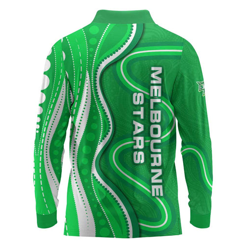 Melbourne Stars Long Sleeve Polo Shirt Aboriginal Dot Art Green White - Tribal Wave Pattern