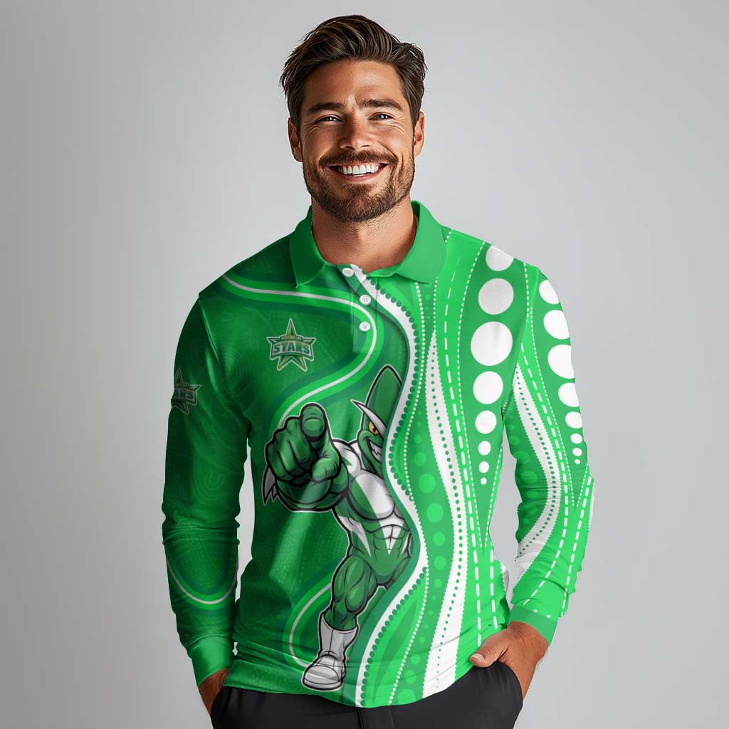 Melbourne Stars Long Sleeve Polo Shirt Aboriginal Dot Art Green White - Tribal Wave Pattern