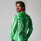 Melbourne Stars Long Sleeve Polo Shirt Aboriginal Dot Art Green White - Tribal Wave Pattern