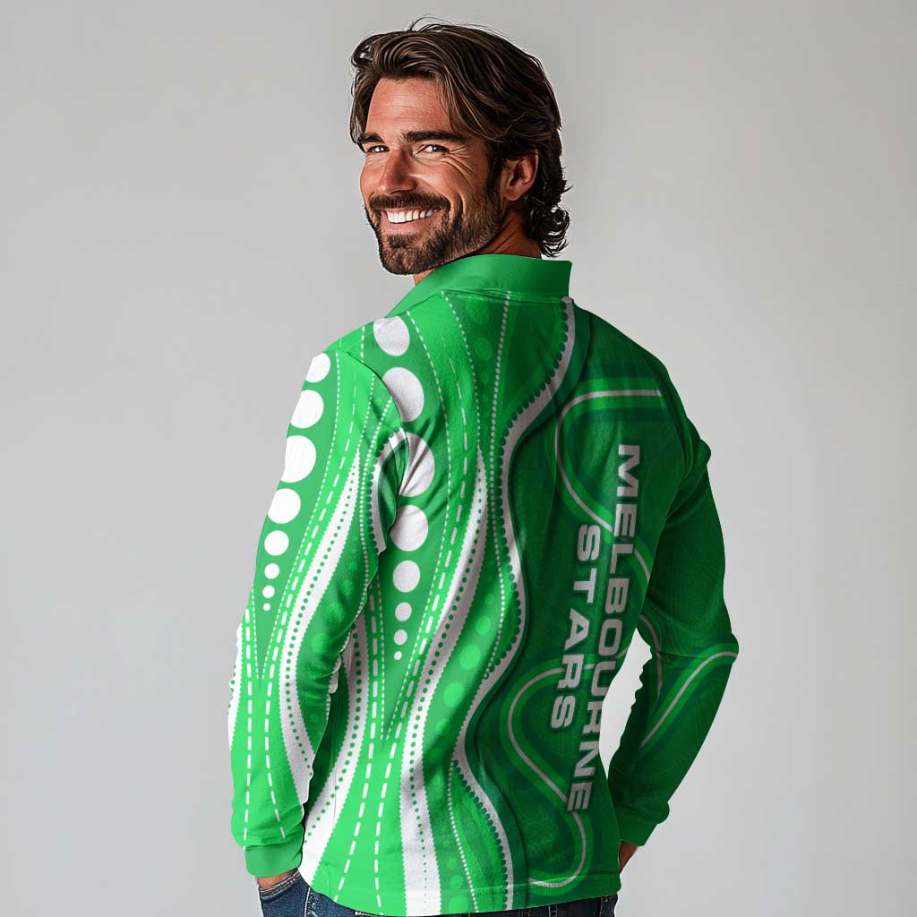 Melbourne Stars Long Sleeve Polo Shirt Aboriginal Dot Art Green White - Tribal Wave Pattern