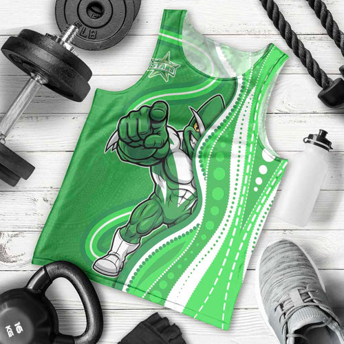 Melbourne Stars Men Tank Top Aboriginal Dot Art Green White - Tribal Wave Pattern