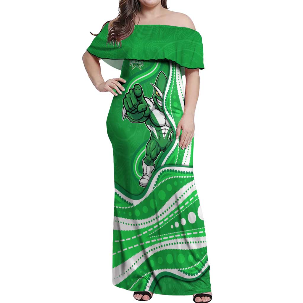 Melbourne Stars Off Shoulder Maxi Dress Aboriginal Dot Art Green White - Tribal Wave Pattern