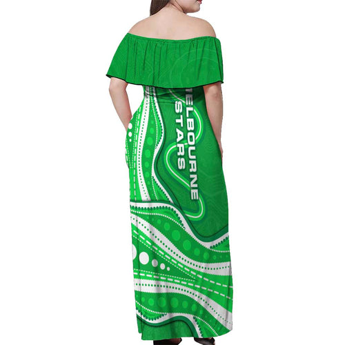 Melbourne Stars Off Shoulder Maxi Dress Aboriginal Dot Art Green White - Tribal Wave Pattern