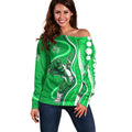 Melbourne Stars Off Shoulder Sweater Aboriginal Dot Art Green White - Tribal Wave Pattern