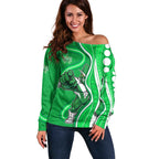 Melbourne Stars Off Shoulder Sweater Aboriginal Dot Art Green White - Tribal Wave Pattern