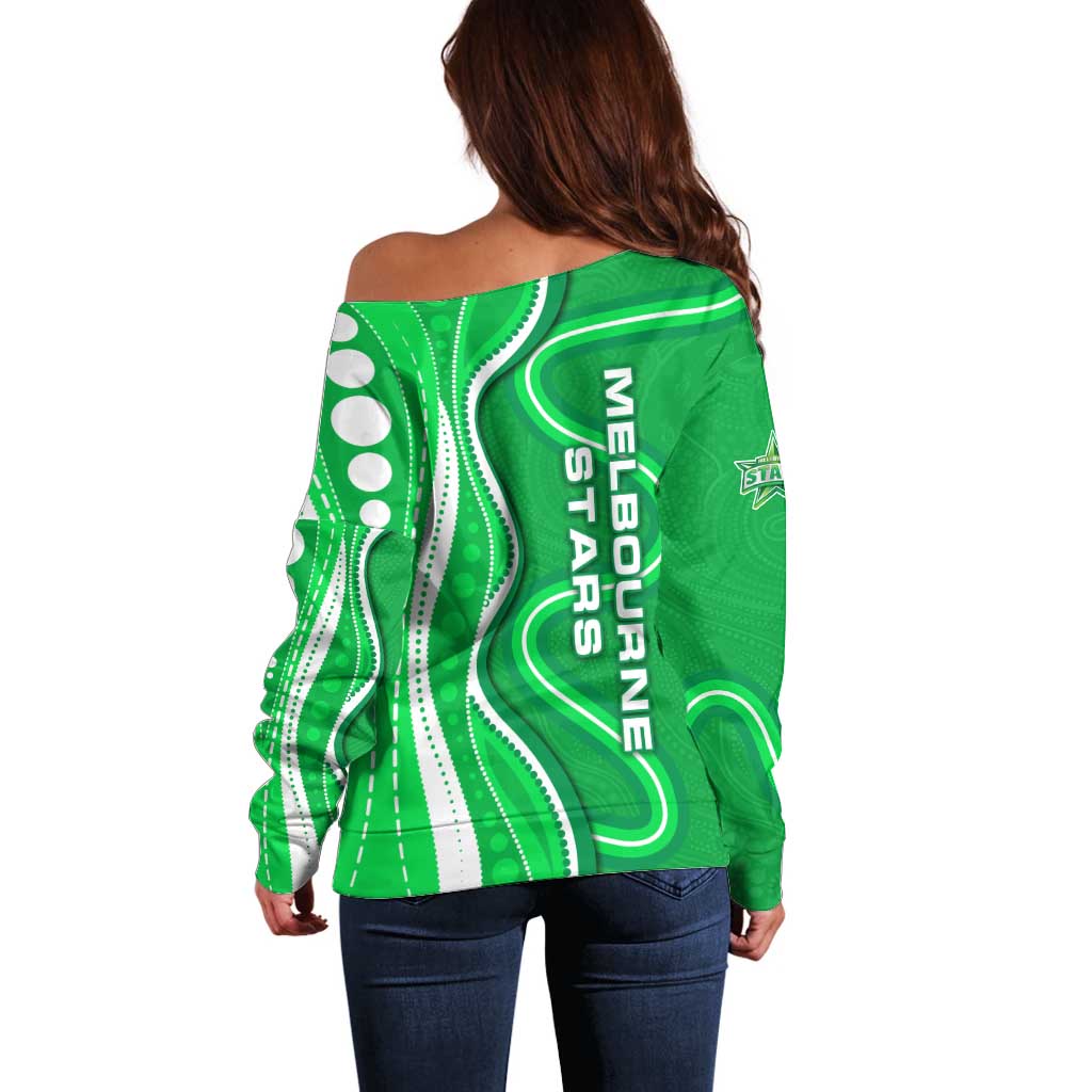 Melbourne Stars Off Shoulder Sweater Aboriginal Dot Art Green White - Tribal Wave Pattern