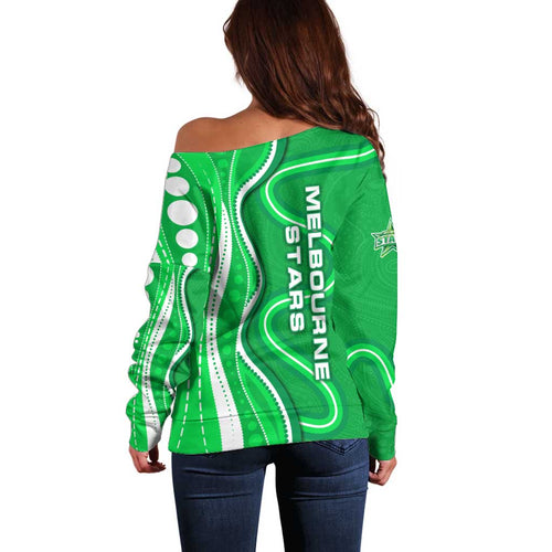Melbourne Stars Off Shoulder Sweater Aboriginal Dot Art Green White - Tribal Wave Pattern