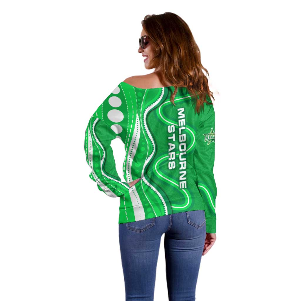 Melbourne Stars Off Shoulder Sweater Aboriginal Dot Art Green White - Tribal Wave Pattern