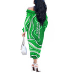 Melbourne Stars Off The Shoulder Long Sleeve Dress Aboriginal Dot Art Green White - Tribal Wave Pattern